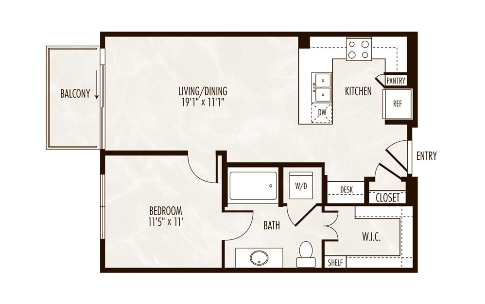 Ness 1 Bed 1 Bath Floorplan Ness 1 Bed 1 Bath Floorplan